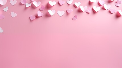 Paper pink hearts fly on soft pink color background, border, copy space. Valentine day concept for design. - obrazy, fototapety, plakaty