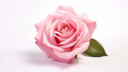 A single pink rose with green leaves on a white background