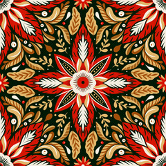 A vibrant vintage symphony of bold Christmas floral motifs seamless pattern, fabric canvas, red nature boundless beauty ornate folk tile