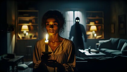 Femme dans son salon sombre suivi par une silhouette d'homme - obrazy, fototapety, plakaty