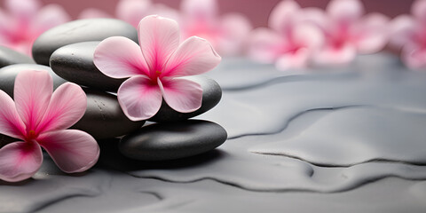 A pink flower sits on a black background with black stones, Pink spa flowers on spa hot stones on water wet background. Generative Ai