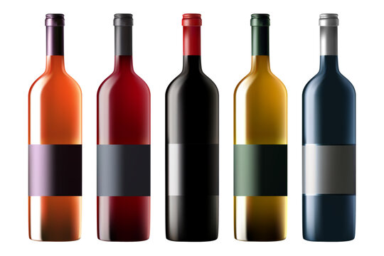 3d wine bottle set, vector render collection isolated winery label icon collection