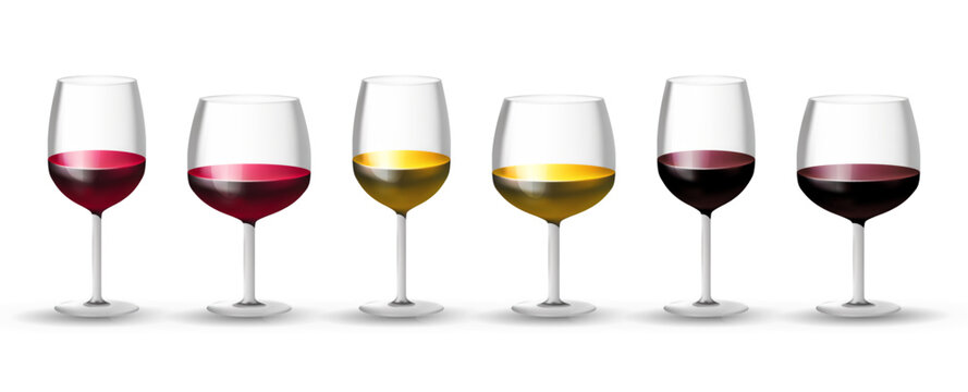 3d wine glass set, vector render collection isolated winery label icon collection logo icon