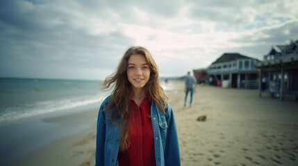 Fototapeta na wymiar smiling young woman on beach, long dark hair, blue jacket, leisurely day by ocean, fictional location