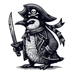 pirate penguin holding a sword sketch - obrazy, fototapety, plakaty