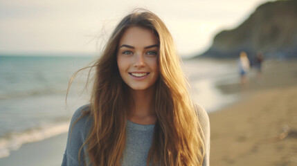 smiling woman with long, curly hair on sandy beach, serene setting with ocean in background. captures happiness and contentment in a photo moment.