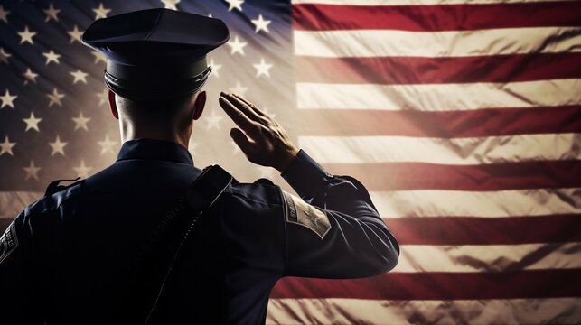 Uniformed Officer Saluting American Flag. Generative ai