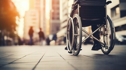 Obraz premium Wheelchair User Navigating City Streets at Sunset. Generative ai