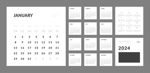 Set of monthly calendar planner page templates for 2024, cover with Place for Photo,Company Logo. Vector layout of wall or desk minimalist calendar in Square shape with week start on Monday for print