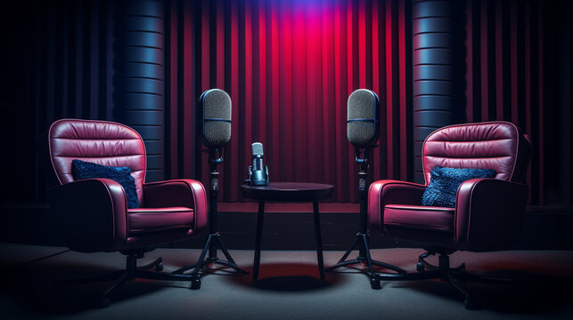 studio room, indoor, microphone, record setting or tv-studio for talking