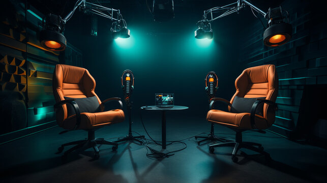 studio room, indoor, microphone, record setting or tv-studio for talking