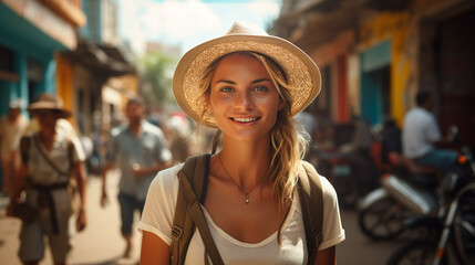 smiling woman in straw hat and backpack walks down busy street, vibrant urban scene with motorcycles, lively atmosphere, carefree and joyful individual.