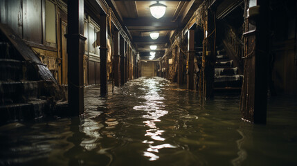 flooded basement, water reaching stairs, extensive flooding, high water level