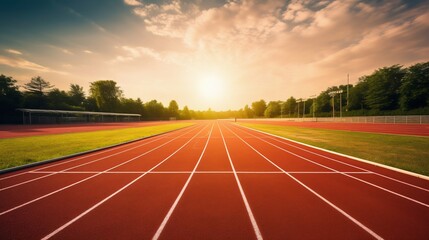 Sunlit Athletic Running Track in Stadium. Generative ai - obrazy, fototapety, plakaty