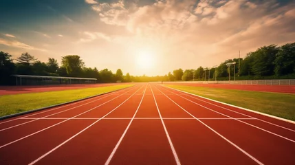 Foto op Plexiglas anti-reflex Sunlit Athletic Running Track in Stadium. Generative ai © Scrudje