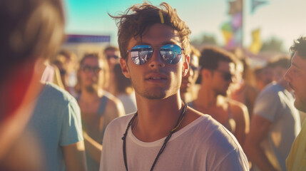 lively bar scene, young handsome attractive man close, smiling, laughing, enjoying, fictional location