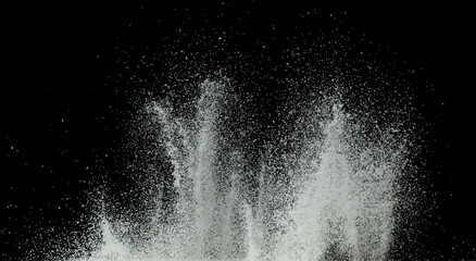 Explosion of snow falling down from sky or roof, heavy big small size snows. Freeze shot on black...
