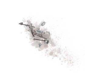Nail spike Nut bolts sharp object under snow on road. Dangerous sharpen nail glass object hidden in...