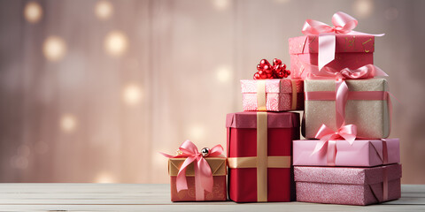 Gifts Galore Festive: Red and Pink Boxes Displayed on Wooden Background