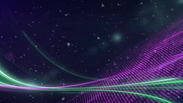 Animation of pink and green light trails over pink network, snow and lights on black background
