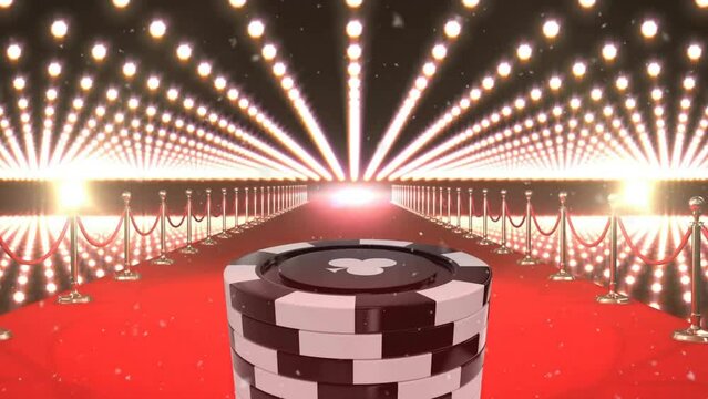 Animation of stack of poker chips on red carpet walkway with flashing lights