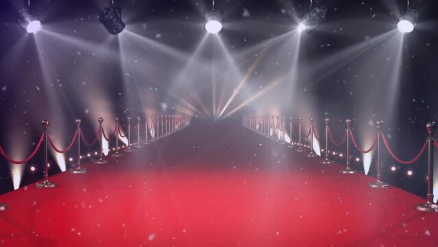 Animation of moving spotlights and confetti falling over red carpet walkway with crowd barrier