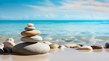 Serene Beach Zen Stones Stacked in Balance. Generative ai