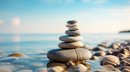 Fototapeta na wymiar Serene Beach Zen Stones Stacked in Balance. Generative ai
