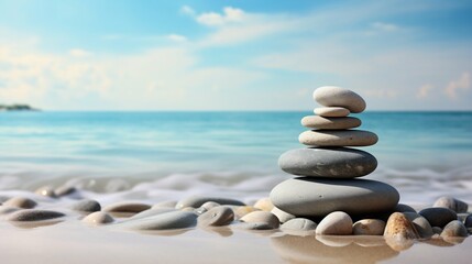 Fototapeta na wymiar Serene Beach Zen Stones Stacked in Balance. Generative ai