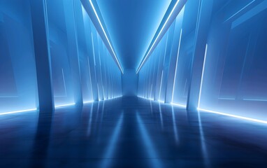 Futuristic blue neon-lit corridor with a vanishing point perspective, creating an abstract high-tech background.