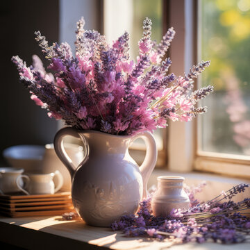 Bouquet of Lavender in Ceramic Pitcher on Window