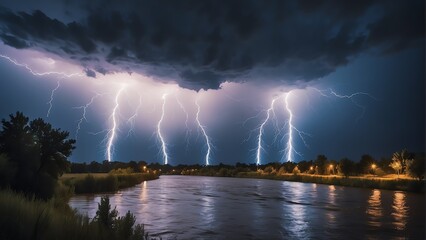 Thunderstorm at night over the river from Generative AI