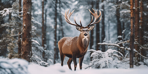deer in winter,Nature Animals Stock Photos,Noble deer male in the winter snow forest,Nature deer white snow winter,Deer in winter forest Illustration,deer, winter, nature, animals, stock Generative Ai