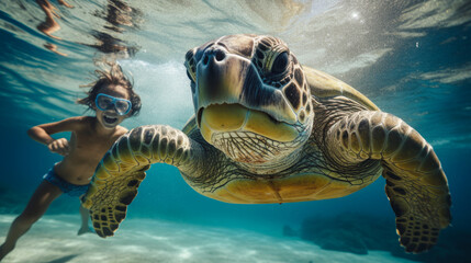 Fototapeta premium A young girl enjoys the water, diving with a turtle, Beautiful and crystal clear water. Peaceful coexistence of man and animal. A dream come true.