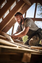 Carpenter roofer working on roof structure at construction site