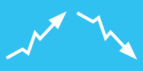 Graph going Up and Down with white arrows on blue.White chart bar vector illustration concept of sales bar chart symbol icon with arrow moving down and sales bar chart with arrow moving up.