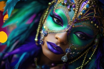 Fototapeta na wymiar Masked woman with vibrant feathers, Mardi Gras beauty and mystery.