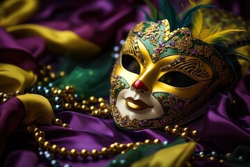 Golden masked face with purple feathers, Mardi Gras opulence and tradition.