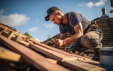 Carpenter roofer working on roof structure at construction site