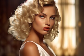 Elegant woman with retro hairstyle in glamorous lighting. Vintage beauty and fashion.