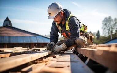 Carpenter roofer working on roof structure at construction site - obrazy, fototapety, plakaty