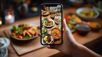 Keuken spatwand met foto restaurant owner takes a picture of the food on the table with a smartphone to post on a website. Online food delivery, ordering service, influencer, review, social media, share, marketing, interest. © pinkrabbit