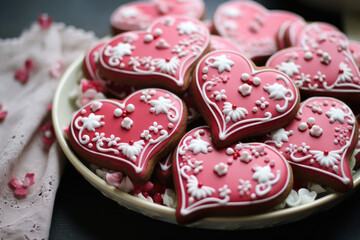 Plate of heart shaped gingerbread cookies decorated pink with icing.Postcards o invitations for Valentine's, mother's day,weddings.Day.Design of thematic web pages,recipe sites