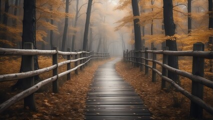 Wooden fence on the dark autumn fall forest walkway from Generative AI