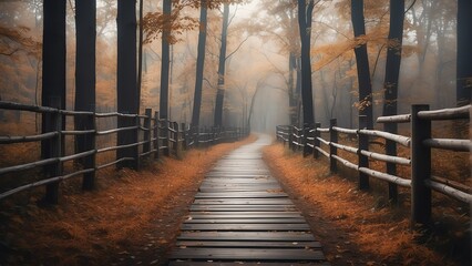 Wooden fence on the dark autumn fall forest walkway from Generative AI - Powered by Adobe
