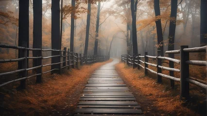 Gordijnen Wooden fence on the dark autumn fall forest walkway from Generative AI © sevenSkies