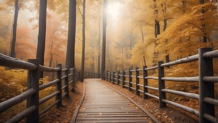 Fototapeta na wymiar Wooden fence on the autumn fall forest walkway from Generative AI