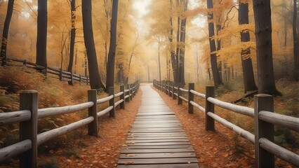Wooden fence on the autumn fall forest walkway from Generative AI