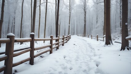 Wooden fence on the winter forest walkway from Generative AI