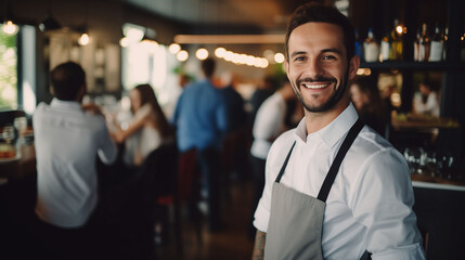 Fototapeta na wymiar Caucasian Man Waiter Smiling in Busy Restaurant